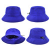 A vibrant blue polyviscose bucket hat featuring multiple angles and a drawstring for adjustment, with a logo present.