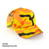 A camouflage trucker cap in vibrant orange, yellow, and black with a mesh back and a logo.