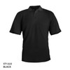 A black polo shirt featuring short sleeves and a collar, with a logo on the chest area.