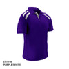 A purple polo shirt featuring white stripes and a collar, designed for promotional use.