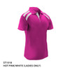 A hot pink polo shirt with white accents and a collar, featuring a logo on the chest.