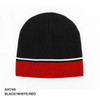 A black, white, and red two-tone acrylic beanie with a striped design at the bottom.