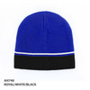 A two-tone beanie featuring royal blue, white, and black colours with a logo on it.