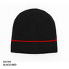 Acrylic beanie in black with a red stripe, featuring a logo.