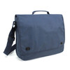 A navy blue business carry bag with a shoulder strap and a top handle, featuring a logo.