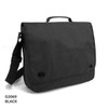 A black laptop bag with a handle and adjustable shoulder strap, featuring a logo on the front.