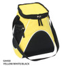 A large cooler bag in yellow, white, and black with a zippered closure and a shoulder strap. It features a logo.