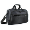 A black laptop bag featuring multiple pockets, short handles, and an adjustable shoulder strap. It has a logo on the front.