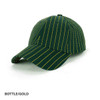 A green cap with yellow pinstripes and a curved brim, featuring a logo on the front.