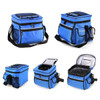 A blue cooler bag with multiple zippered pockets and mesh sides for storage. It features a removable lid for easy access.