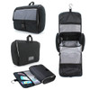 A black toiletry bag featuring a grey panel, multiple compartments, and a hook for hanging. It also includes a logo.