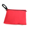 A red satchel with a black zipper and handle, featuring a simple design and a logo.
