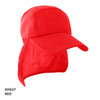 A red Legionnaire cap with a sun visor and extended neck protection, featuring a logo.
