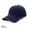 A navy cap with a red peak and trim, featuring a branded logo on the side.