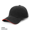 A black and red cap featuring a curved brim and a logo on the side.
