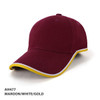 A maroon cap with white and gold accents. It features a curved brim and has a logo on the front.