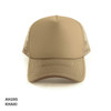 A khaki Polymesh Trucker Cap with a solid front and mesh sides, featuring a branding logo.