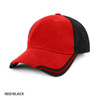 A red and black cap featuring a curved peak and contrasting stripes, with a logo present on the front.