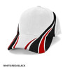 A cap in white, red, and black with a sporty design and a logo on the front.