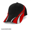 A black cap with red and white accents, featuring a logo on the front.