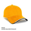 A vibrant Aussie gold cap with white and black accents, featuring a branded logo on the front.
