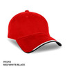 A red cap with a black and white trim, featuring a logo on the front.