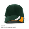 A green cap with a white and Aussie gold patterned visor and a logo.