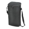 A drink bottle holder in black, featuring a zip closure and adjustable strap, with a front pocket and branding.