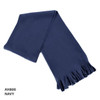 A navy blue scarf with fringed ends and a soft texture, featuring a branding logo.