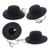 A black bucket hat with a wide brim, featuring a drawstring and eyelets, shown from multiple angles.