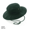 A green bucket hat with a wide brim and adjustable chin strap, featuring eyelets on the sides.