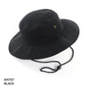 A black bucket hat with a wide brim, featuring brass eyelets and an adjustable drawstring.