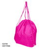 A hot pink drawstring bag with cords for carrying, featuring a logo on the side.