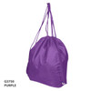 A purple drawstring bag with two shoulder straps and a cinched top, featuring a logo.
