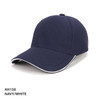 A navy and white cap featuring a mesh design and a logo. The cap has a curved brim and a structured shape.