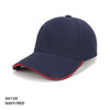 A navy and red cap with a textured mesh design and a curved brim, featuring a logo on the front.