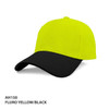 A cap featuring a fluro yellow mesh design with a black peak, including a logo on the side.