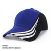 A cap featuring a royal blue body with black and white accents, including a logo.