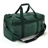 A green duffle bag featuring sturdy handles and a shoulder strap, zippers, and a simple design.