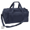 A navy duffle bag with sturdy handles and a detachable shoulder strap, featuring a logo.