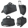A wheeled travel bag in black with multiple carrying options, including handles and a retractable handle.
