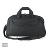 A black wheeled travel bag with dual handles, a shoulder strap, and a front pocket. Features a logo.