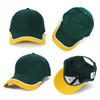 A green cap with a yellow brim and white detailing, featuring a logo on the front.