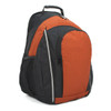 A black and orange backpack featuring a main compartment, a front pocket, and a mesh side pocket.