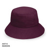 A maroon bucket hat with a wide brim and branding. Suitable for casual headwear.