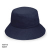 A navy bucket hat with a wide brim and a circular top, featuring a logo.