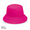 A hot pink bucket hat with a wide brim and a logo.
