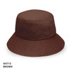 A brown bucket hat featuring a wide brim and a textured fabric, with a logo on the side.