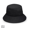 A black bucket hat featuring a wide brim and a logo on the side.