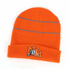 An orange beanie featuring a reflective trim and a logo on the front.